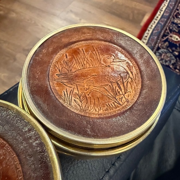 Vintage Leather & Brass Coaster Set (Set of 7) Embossed Duck Images - Picture 7 of 14